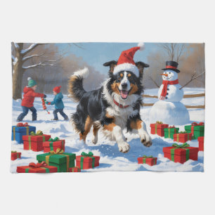Rough Collie Running in Snow with Christmas Hat Kitchen Towel