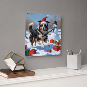 Rough Collie Running in Snow with Christmas Hat Square Wall Clock