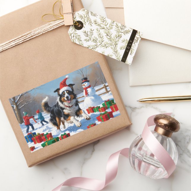 Rough Collie Running in Snow with Christmas Hat Sticker (Gifting)