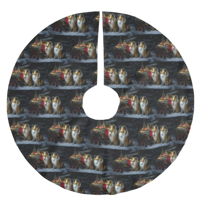 Rough Collie Snowy Sleigh Christmas Decor Brushed Polyester Tree Skirt (Front)