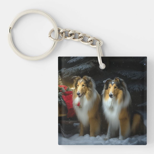 Rough Collie Snowy Sleigh Christmas Decor Keychain (Front)