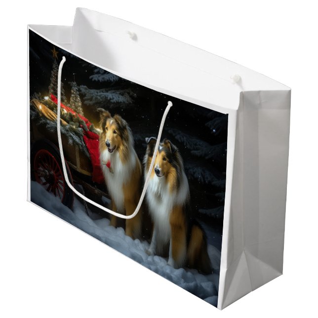 Rough Collie Snowy Sleigh Christmas Decor Large Gift Bag (Front Angled)