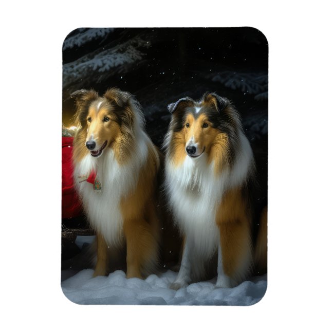 Rough Collie Snowy Sleigh Christmas Decor Magnet (Vertical)