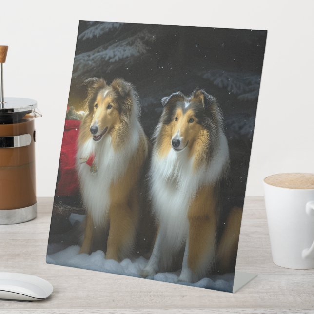 Rough Collie Snowy Sleigh Christmas Decor Pedestal Sign (In SItu)