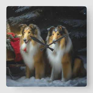 Rough Collie Snowy Sleigh Christmas Decor Square Wall Clock