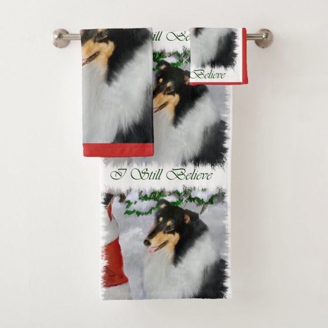 Rough Collie Tri Colour Christmas Bath Towel Set (Insitu)