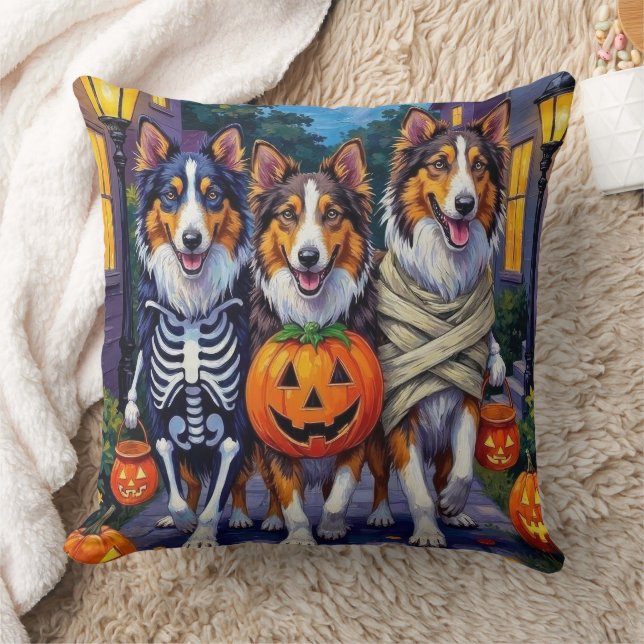 Rough Collie Trick-or-Treating Halloween Costumes Throw Pillow (Blanket)