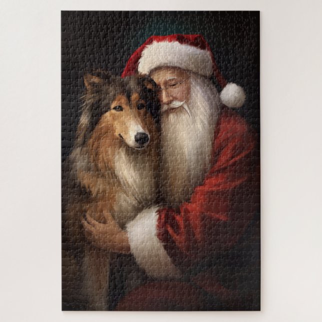 Rough Collie With Santa Claus Festive Christmas  Jigsaw Puzzle (Vertical)