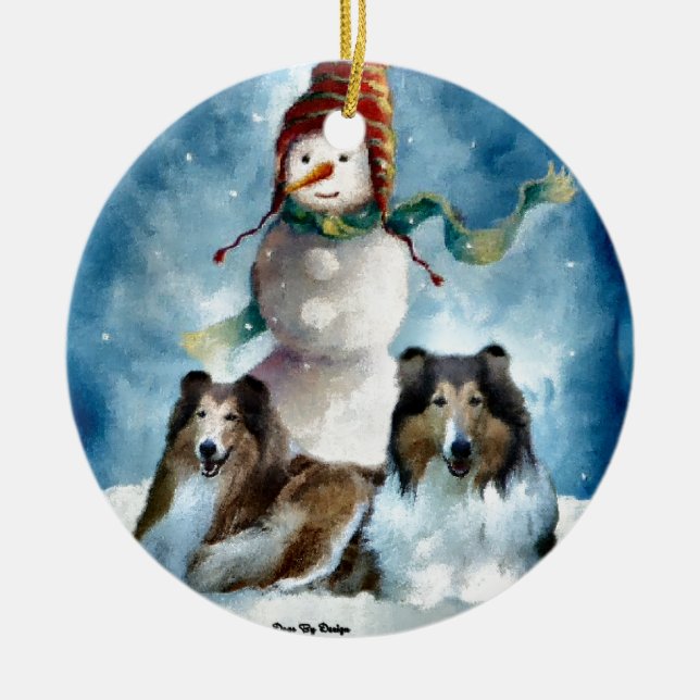 Rough Collie with Snowman Christmas Ceramic Ornament (Front)