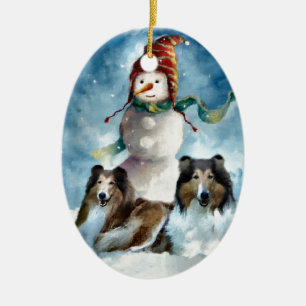 Rough Collie with Snowman Christmas Ceramic Ornament