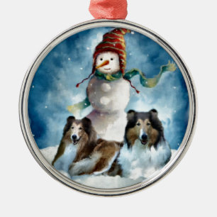 Rough Collie with Snowman Christmas Metal Ornament