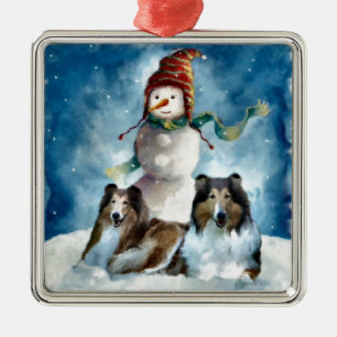 Rough Collie with Snowman Christmas Metal Ornament