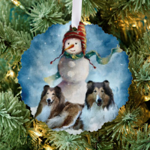 Rough Collie with Snowman Christmas Ornament Card