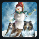 Rough Collie with Snowman Christmas Square Sticker<br><div class="desc">Equisite rough collie Christmas art. Wonderful Holiday merchandise gift ideas for the Collie lover on your shopping list. xmas products include cards,  ornaments,  hoodies,  sweatshirts,  more. Give as Christmas gifts or treat yourself!</div>