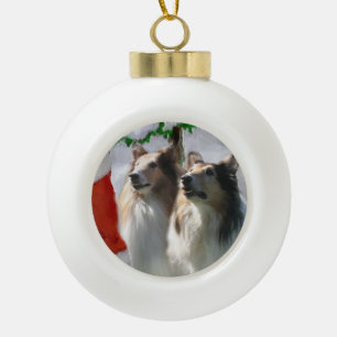 Rough Collies Meet Santa Christmas Ceramic Ball Christmas Ornament