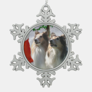 Rough Collies Meet Santa Christmas Snowflake Pewter Christmas Ornament