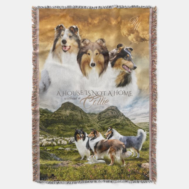 Rough Collies Sheep Herding & Portrait + Quote - Throw Blanket (Front Vertical)