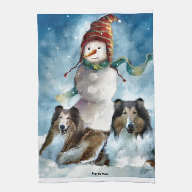 Rough Collies with Snowman Christmas Kitchen Towel (Vertical)