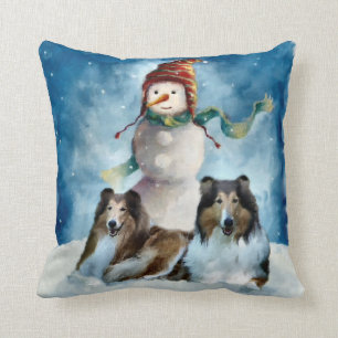Rough Collies with Snowman Christmas Throw Pillow