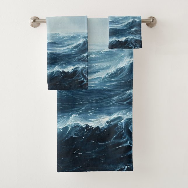 Rough Seas Ocean Waves Bath Towel Set (Insitu)