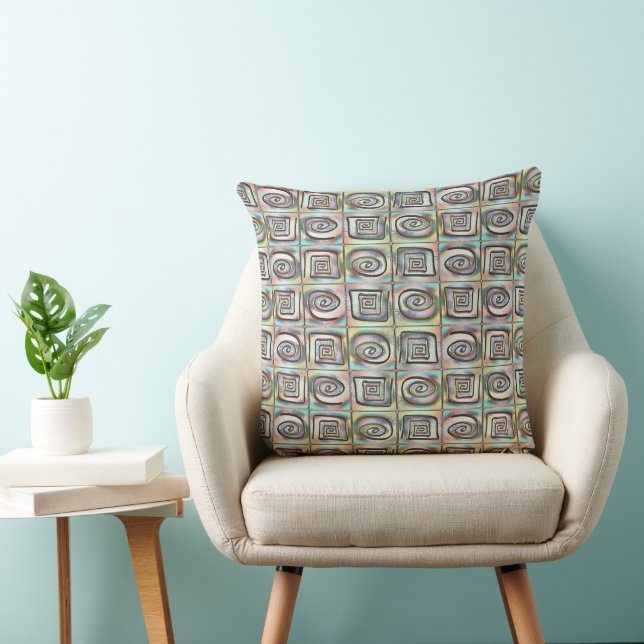 Rough stained mosaic of squares with spiral design throw pillow (Chair)