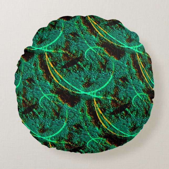 Rough texture dark green cyan with brown craters round pillow (Front)