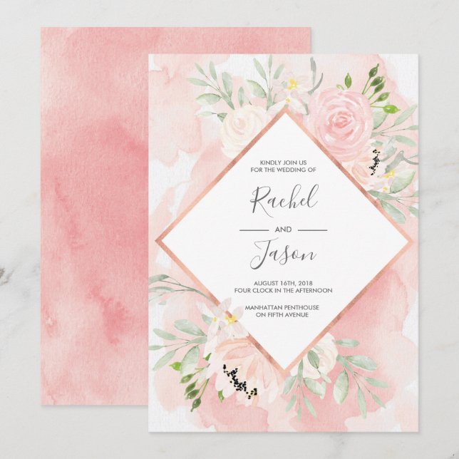 Rougissent le faire-part de mariage floral rose (Devant / Derrière)