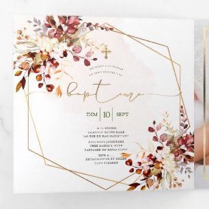 Rouille d'Orange Feuillage Aquarelle Bapteme Tri-Fold Invitation