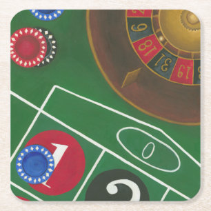 Roulette Table with Chips and Wheel Square Paper Coaster