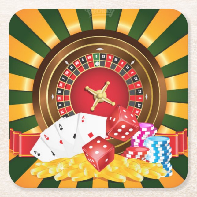 Roulette Wheel and Casino Cards, Dice and Chips Square Paper Coaster (Front)