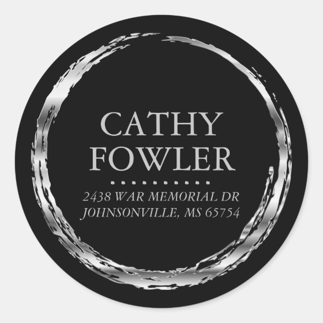 Round Address Grungy Silver and Black Labels (Front)