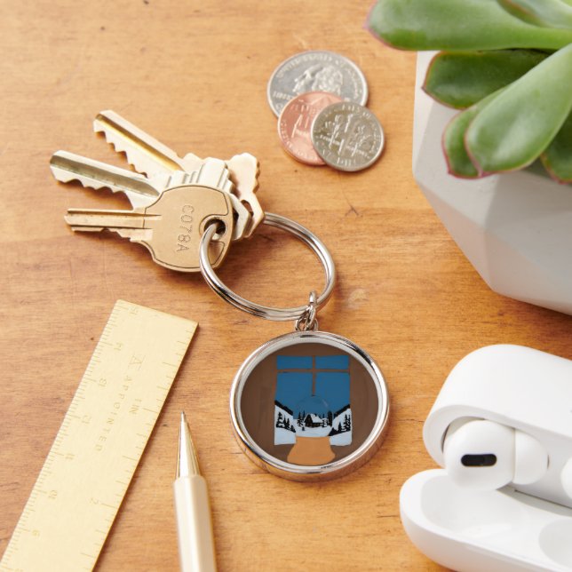 Round Aluminum Winter Snow Globe Scene Keychain (Desk)