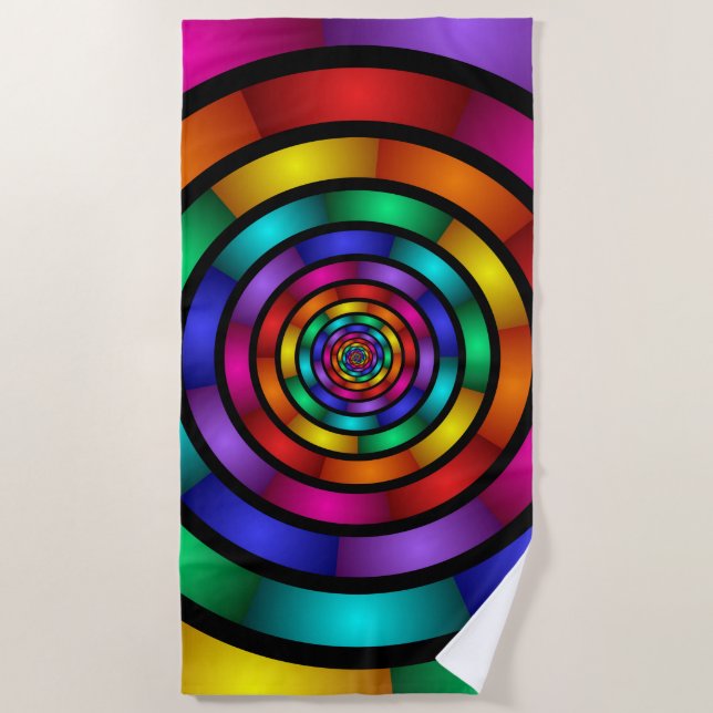 Round and Psychedelic Colourful Modern Fractal Art Beach Towel (Front)