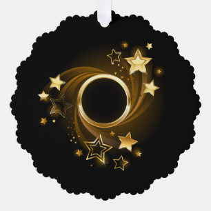 Round Banner with Gold Stars on Black Ornament Card
