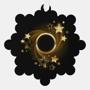 Round Banner with Gold Stars on Black Ornament Card