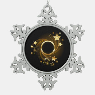 Round Banner with Gold Stars on Black Snowflake Pewter Christmas Ornament