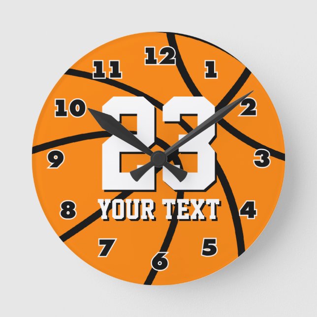 Round basketball clock with custom number and text (Front)