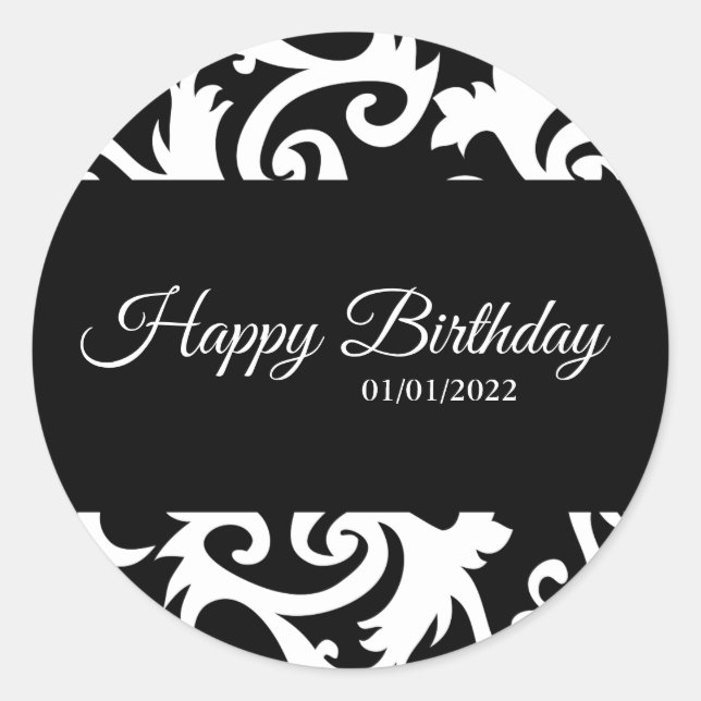 Round Black and White Damask Labels Stickers (Front)