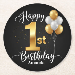 Round Black Gold 1st Birthday Paper Coaster