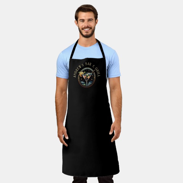 Round Black & Gold Martini Logo Bar & Grill  Apron (Worn)