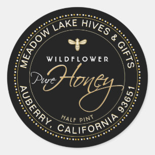 Round Black Honey Label Bee Dotted Gold Border 