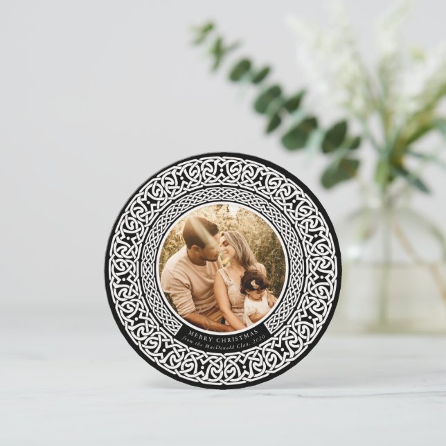 Round Black + Off White Celtic Holiday Photo Card (Standing Front)
