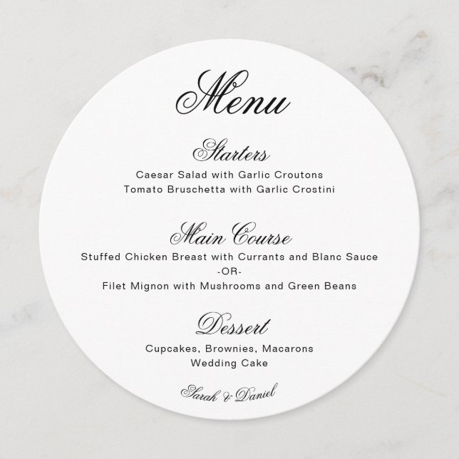 Round Black & White Simple Minimalist Wedding Menu (Front)