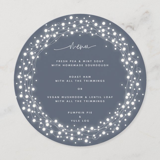 Round Blue-Grey Sparkling Lights Christmas Dinner Menu (Front)