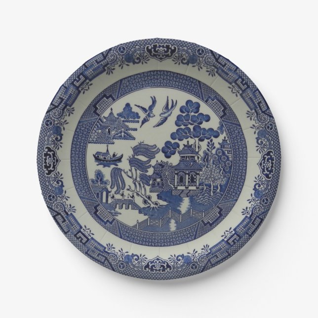 Round Blue Willow Plates Made of Paper:  7 inches (Front)
