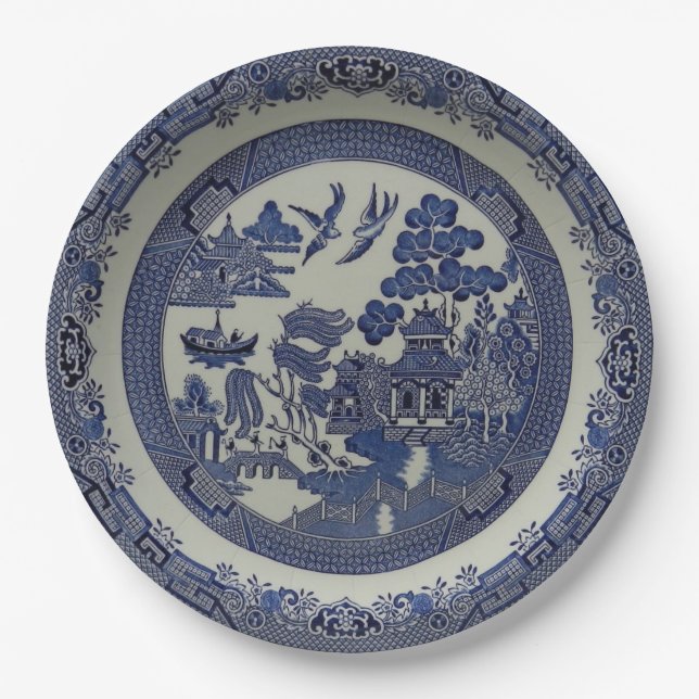 Round Blue Willow Plates Made of Paper:  9 inches (Front)