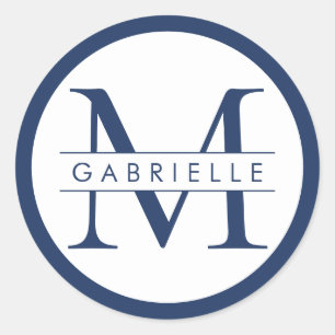 Round Border Monogram Sticker - Preppy Navy Blue