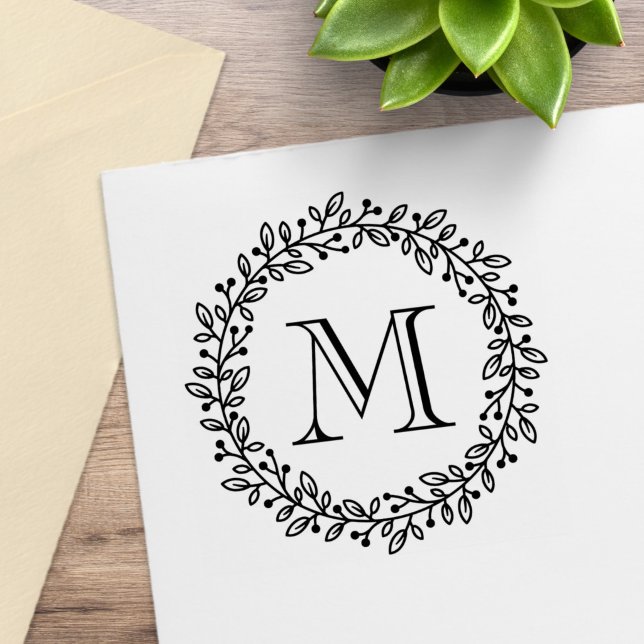 Round Botanical Berry Wreath Monogram Initial Rubber Stamp (Creator Uploaded)