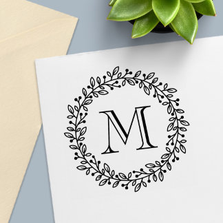 Round Botanical Berry Wreath Monogram Initial Self-inking Stamp