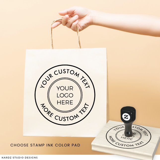 Round Business Logo Custom Text Rubber Stamp (The stamp shown is 4x5 inches. Choose a size and an optional color ink pad.)